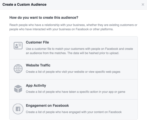 Odaberite izvor koji želite koristiti za svoju prilagođenu publiku na Facebooku.