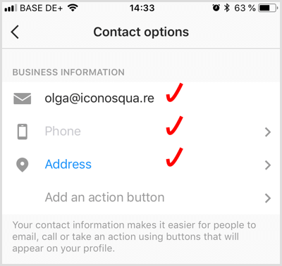 dodajte podatke za kontakt za poslovni račun Instagrama