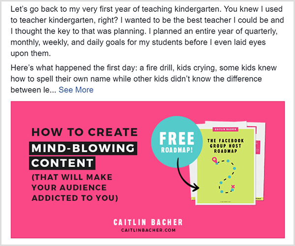 Objava Caitlin Bacher na Facebooku koja prikazuje ponudu za njezin besplatni plan grupe Facebook. Slika ponude ima uglavnom crni tekst na ružičastoj pozadini. Tekst Slobodni putokaz pojavljuje se u svijetloplavom krugu i pokazuje na naslovnicu putokaza.