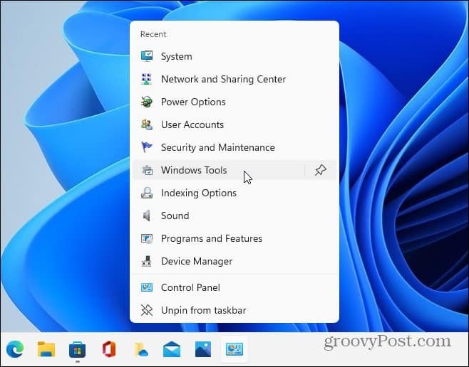 Pristupite stavkama CPL Windows 11 taskbar