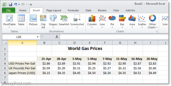 Tabela usporedbe svjetskih cijena plina u Excelu 2010
