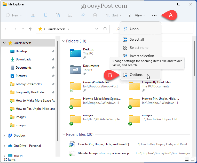 Odaberite Opcije u File Exploreru