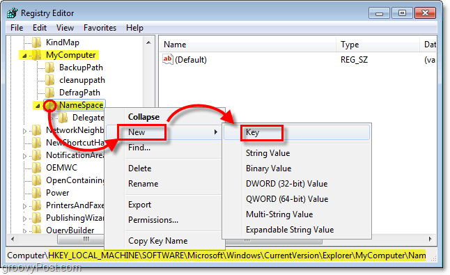 dodajte novi potključ tipki NameSpace u sustavu Windows 7