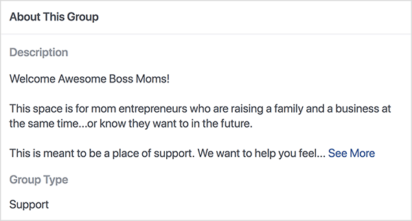 Ovo je snimka zaslona opisa Facebook grupe Boss Moms koju je vodila Dana Malstaff. Opis je crni tekst na bijeloj podlozi. U prvom retku stoji "Dobrodošli super šefice mame!". Drugi redak kaže: „Ovaj je prostor namijenjen mama poduzetnicama koje istodobno podižu obitelj i posao... ili znaju da to žele u budućnosti. " Treći redak kaže: „Ovo bi trebalo biti mjesto podrške. Želimo vam pomoći da se osjećate... “, A zatim se pojavljuje veza See More. Vrsta grupe je lista Podrška.