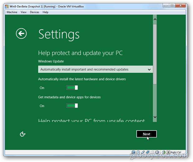 Postavke i ažuriranje za VirtualBox Windows 8