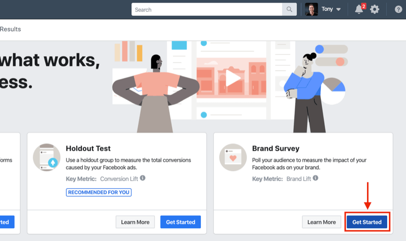 Gumb Započni s istraživanjem robne marke za Facebook eksperimente