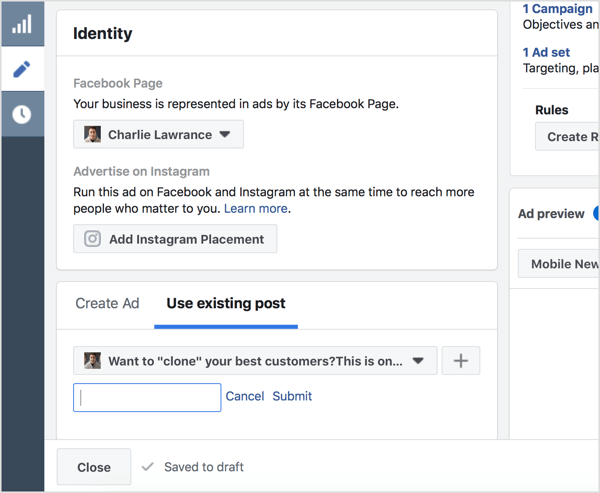 Odaberite Koristi postojeću objavu i unesite ID Facebook objave.