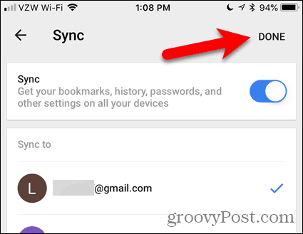 Dodirnite Gotovo u Chromeu za iOS