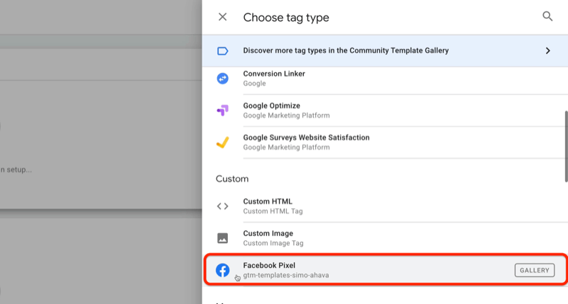 primjer google tag manager nova oznaka s izbornikom select type tag i facebook pixel opcijom istaknutom u prilagođenom odjeljku