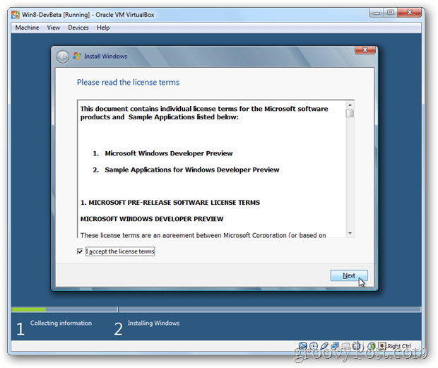VirtualBox Windows 8 eula prihvaća licencu