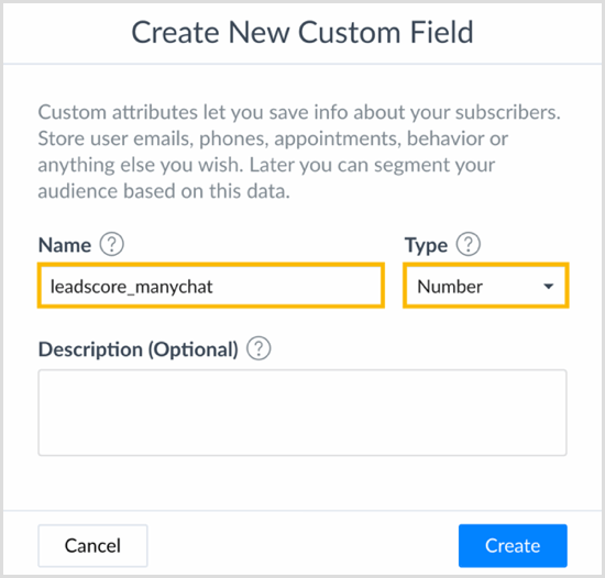 Odaberite ime i odaberite vrstu u dijaloškom okviru Stvori novo prilagođeno polje u ManyChatu.