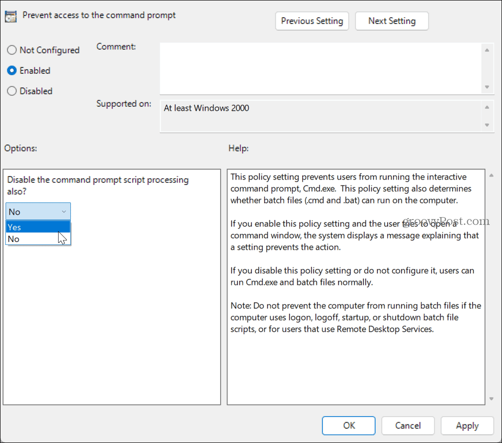 Onemogućite naredbeni redak u sustavu Windows