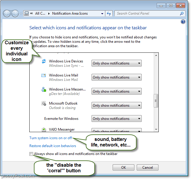 prilagodite upravljačku ploču s obavijestima na programskoj traci sustava Windows 7