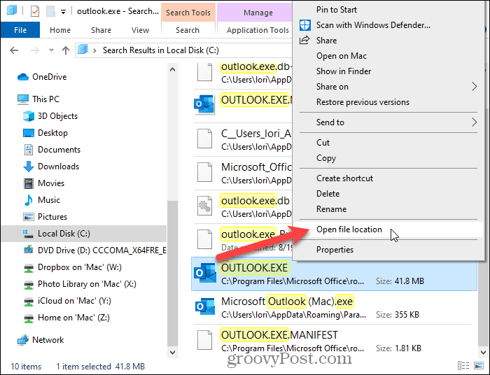 Odaberite Otvori lokaciju datoteke u File Exploreru