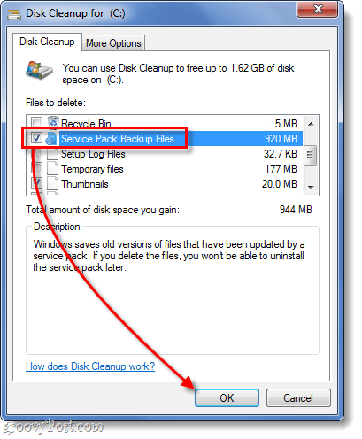 čišćenje sigurnosnih kopija datoteka servisnih paketa u sustavu Windows 7