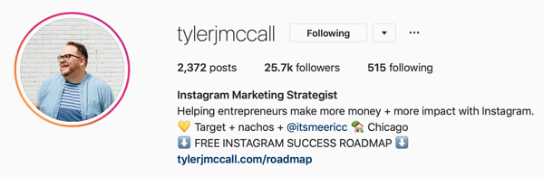 Primjer slike poslovnog profila na Instagram i bio informacija od @tylerjmccall.