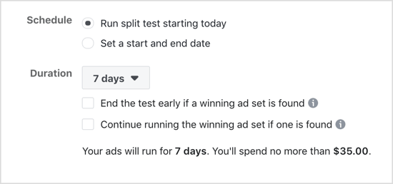 Odaberite opciju Pokreni podijeljeni test koji započinje danas za Facebook podijeljeni test.
