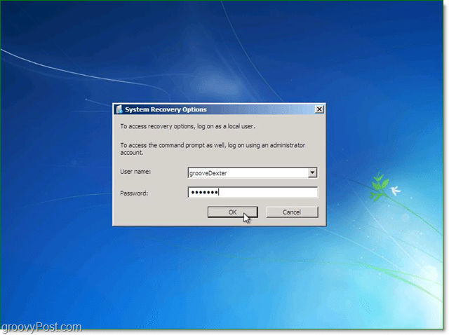 unesite svoje korisničko ime i lozinku za oporavak sustava Windows 7