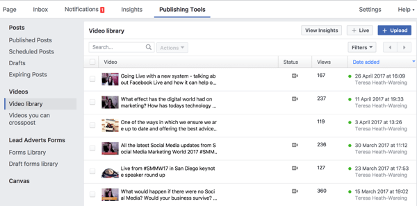 Potpunoj biblioteci videozapisa na Facebooku možete pristupiti u odjeljku Alati za objavljivanje.