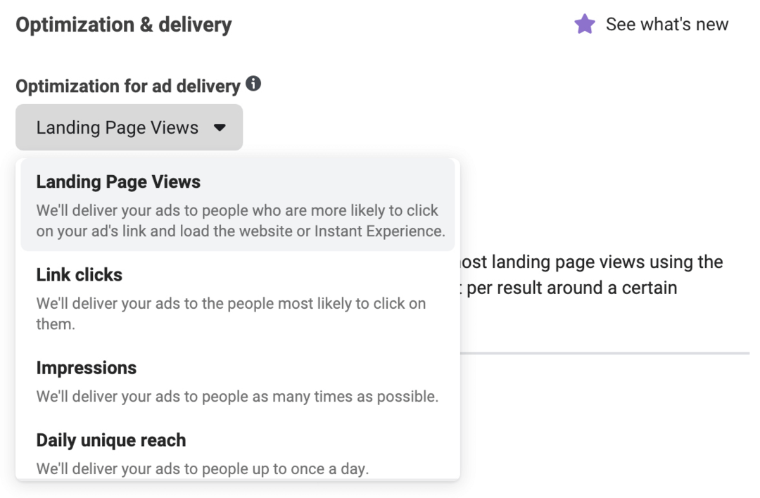 slika padajućeg popisa Optimizacija za isporuku oglasa u Ads Manageru