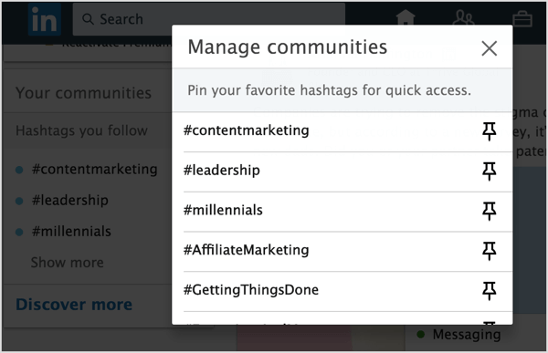 Kliknite ikonu Prikvači pored LinkedIn hashtagova koje želite dodati na svoj popis.