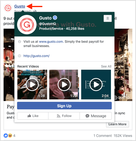 Korisnici vide pregled kada lebde iznad stranice u Facebook oglasima.