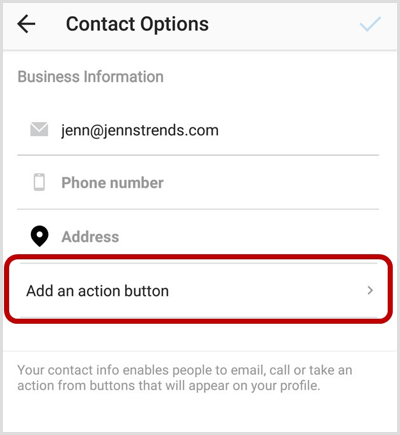 Dodajte mogućnost gumba za akciju na zaslonu opcija kontakt opcija u Instagramu