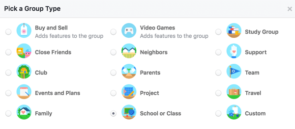 Odaberite vrstu grupe kako biste korisnicima doznali više o vašoj grupi.
