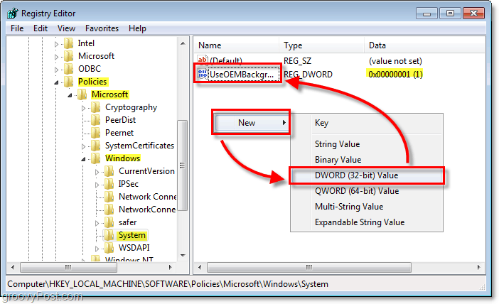 potražite registracijski ključ Windows 7 HKEY_LOCAL_MACHINESOFTWAREPpolitikeMicrosoftWindowsSystem
