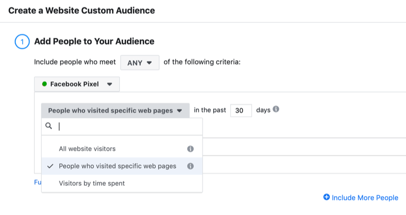 dijaloški okvir za stvaranje prilagođene publike posjetitelja web stranice Facebook