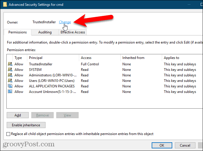 Kliknite vezu Promijeni za vlasnika ključa u Windows registru
