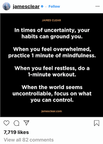 James Clear Instagram post o tome kako vas navike mogu prizemljiti u vrijeme neizvjesnosti