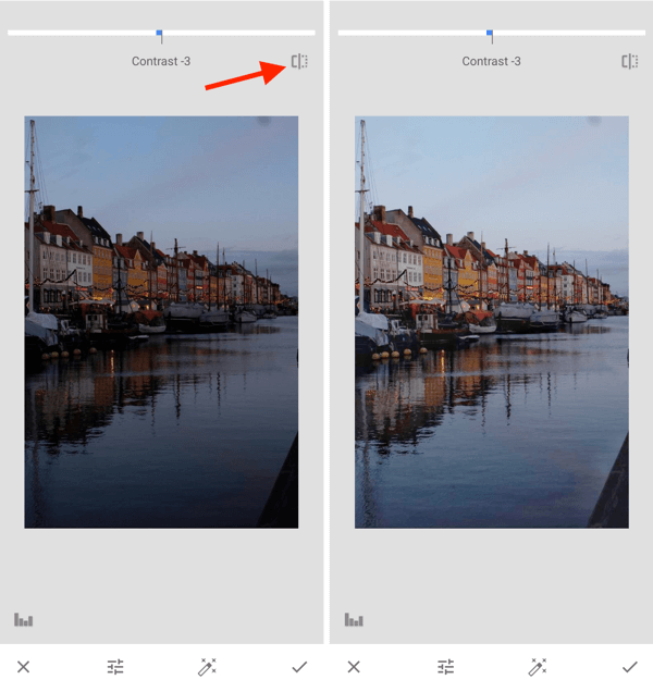 Kako poboljšati instagram fotografije, korak 10, prilagodite postavke ekspozicije nakon snimanja, prebacujte se između izvornika i uređivanja