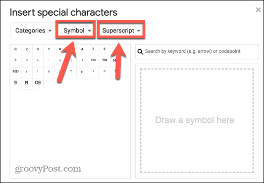 google docs simbol superskript