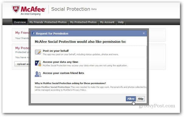 mcaffee socijalna zaštita permissons facebook