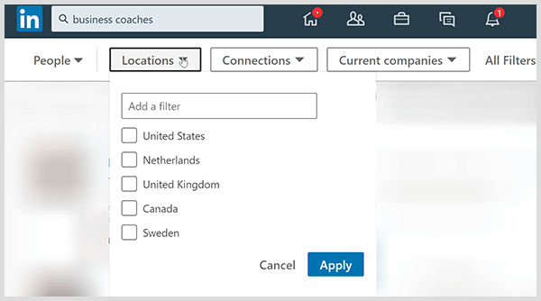 Stranica rezultata pretraživanja LinkedIn sadrži filtre za veze na lokaciji i tvrtku.