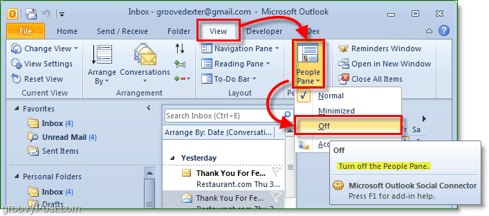 kako isključiti okno ljudi u programu Microsoft Office Outlook 2010