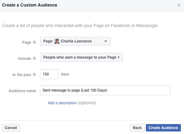 Odaberite opciju za stvaranje publike ljudi koji su poslali poruku na vašu Facebook stranicu.