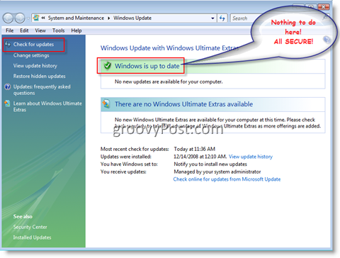 Izbornik Ažuriranja sustava Windows za sustav Windows Vista