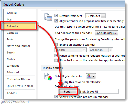 Kako se promijeni font navigatora za datum kalendara Outlook 2010