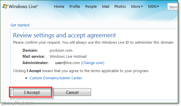 pregledajte i prihvatite ugovor o uvjetima e-pošte za Windows Live Domain