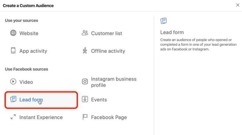 Opcija Lead Form za prilagođenu Facebook publiku