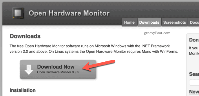 Otvorite stranicu za preuzimanje monitora hardvera