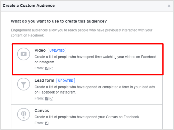 Odaberite opciju Video angažman za svoju prilagođenu publiku na Facebooku.