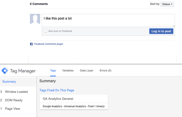 Koristite Google upravitelj oznaka s Facebookom, korak 23, pregled komentara sa sažetim odabirom otpuštene Facebook oznake