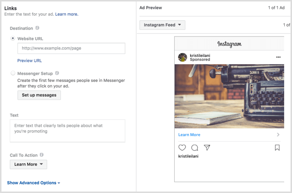 Instagram oglasi odredište cta tekst