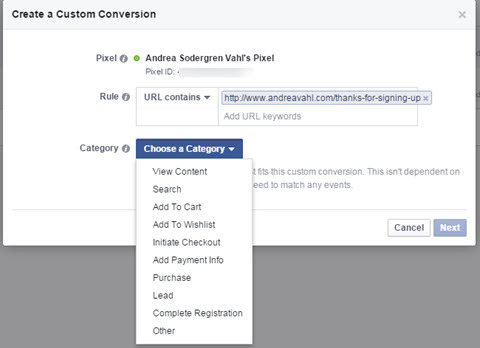 kategorija prilagođenih konverzija na facebooku