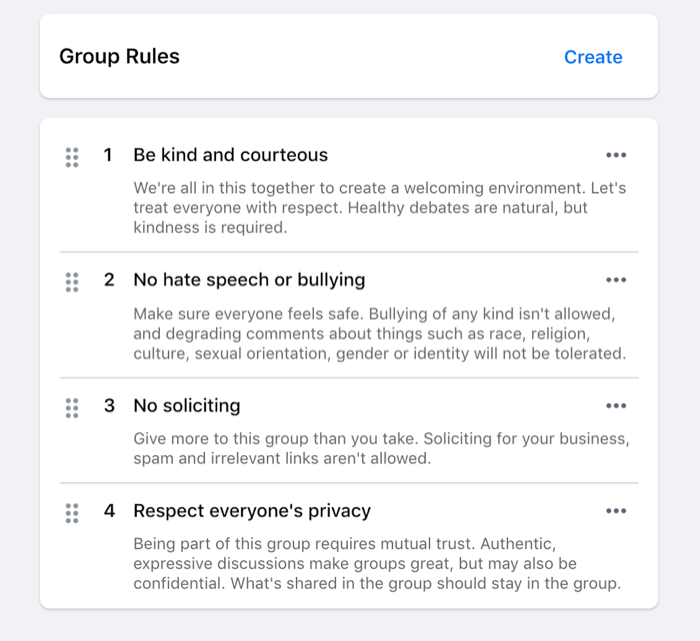 primjer pravila postavljenih za facebook grupu, poput ljubaznosti, govora mržnje, pozivanja itd.