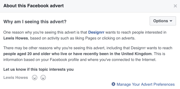 Facebook će prikazati detaljne informacije o ciljanju za Facebook oglas.
