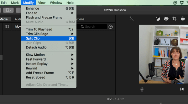 U iMovieu podijelite videozapis na segmente odabirom Izmijeni> Podijeli isječak.